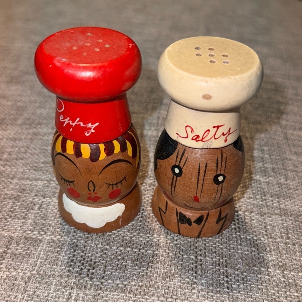 Vintage Man Flirting with Woman: Small Wooden Salt and Pepper Shakers